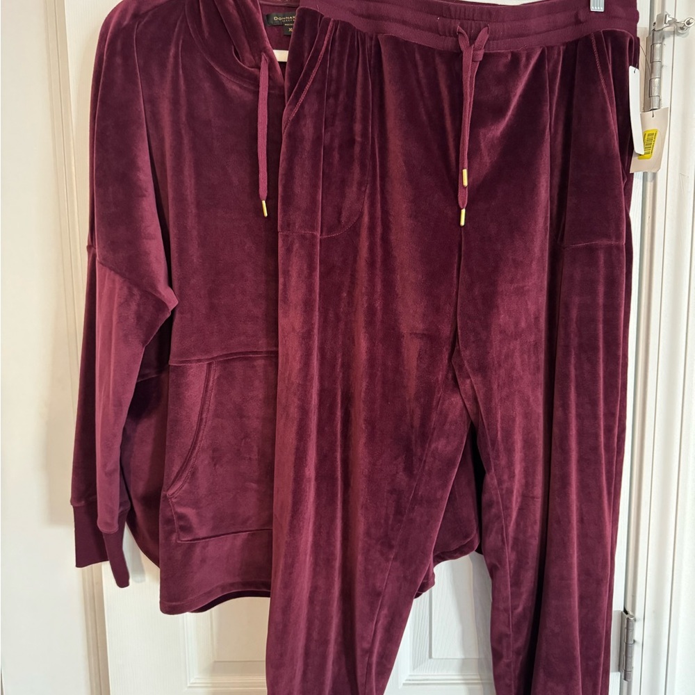Donna Karen Burgundy Velour Hoodie and Jogger Set